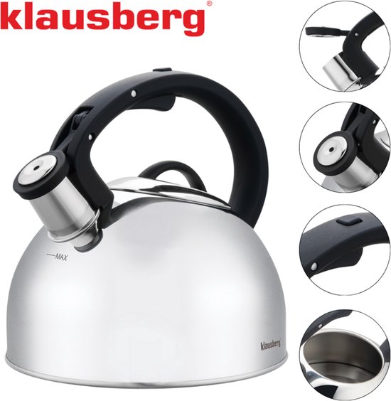 Klausberg 7910 - Fluitketel met fluit - 2.5 liter - RVS - Zilverkleurig