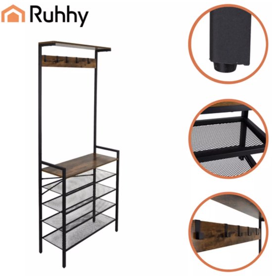 Ruhhy staande kapstok 189 cm – metalen frame met houten planken en 5 dubbele haken, industrieel ontwerp voor hal of kantoor