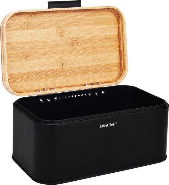 KINGHOFF - Broodtrommel - Compacte Brooddoos met Bamboe Deksel - Staal Broodbox - Brood Bewaarbox Keuken - Moderne Broodtrommel - 30 x 20 cm - Zwart