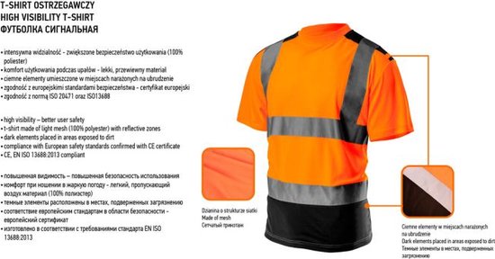 Neo Tools Hi-Vision T-Shirt Met H Balk Reflectie ORANJE S Licht En Luchtig Materiaal Donker Stuk Waar Veel Vuil Komt ISO 13688:2013