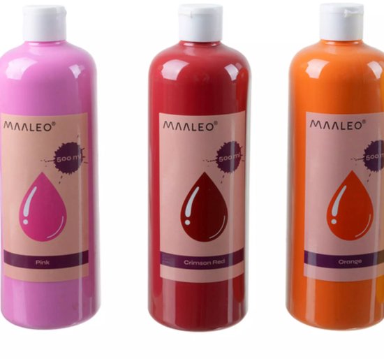 Maaleo plakkaatverf set – 12 matte kleuren van 500 ml, veilige verf voor school en atelier