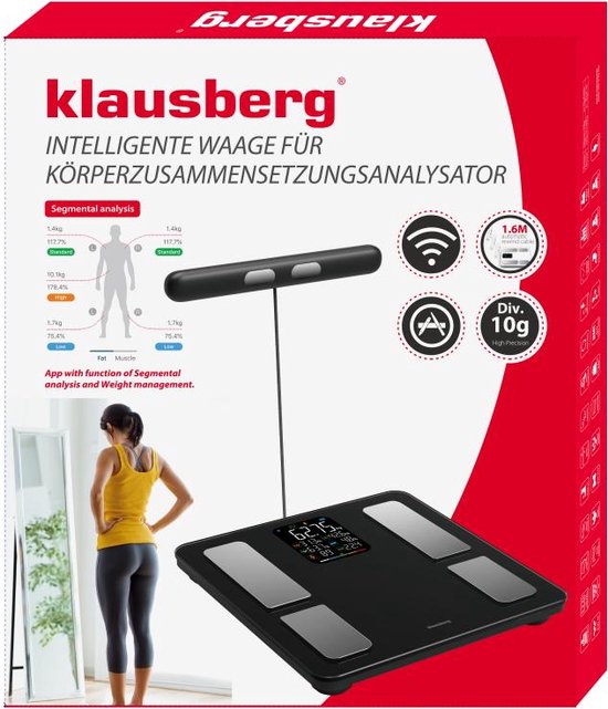 Klausberg 7856 - Slimme Bluetooth Personenweegschaal met Lichaamsanalyse en Handgreep – Gewicht, BMI, Vetpercentage, Spiermassa, Kleurendisplay - zwart