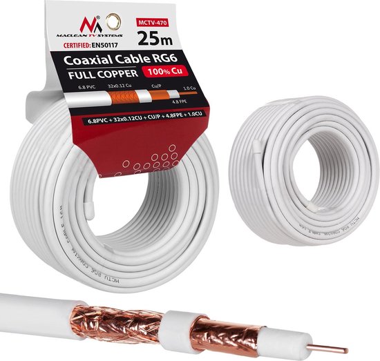 Antennekabel coaxkabel RG6 Zuiver koper 25m Maclean MCTV-470