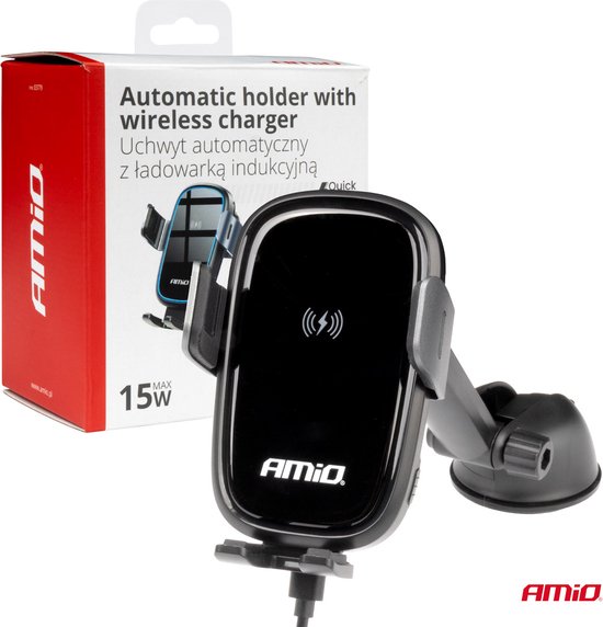 AMiO Suction Mount Telefoonhouder met 15W Draadloze Oplader - Verstelbare Arm en Herbruikbare Zuignap Zwart