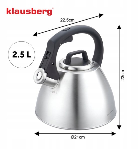 KLAUSBERG KB-7951 Fluitketel 2,5 L – RVS – Soft-Touch Handgreep – Inductie – Zilver