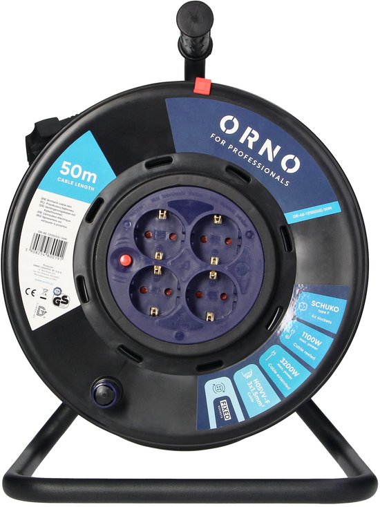 ORNO Stekkerdoos Kabelhaspel met 4 vaste stopcontacten - Verlengsnoer Schuko (type F) - 50m Verlengkabel voor buitengebruik en camping - PVC H05VV-F 3x1.5mm2 - MAX 3200W / 13.9A voor Nederland