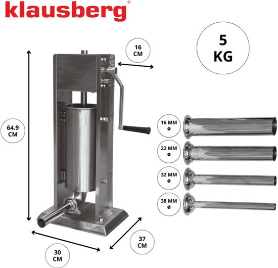 Klausberg Worstenvuller 5 kg - RVS - Verticaal Model KB-7930 - Professioneel voor Thuisgebruik - Incl. 4 Trechters - Handmatig