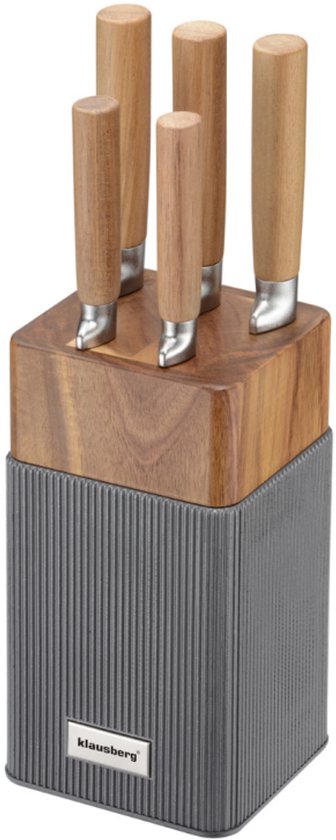 Klausberg KB-7983 6 Delig Messenset - 5 Messen met Acacia Houten Messenblok - Roestvrij Staal Keukenmessen Zwart - o.a. Broodmes , Vleesmes , Koksmes , Groentemes en Messenblok