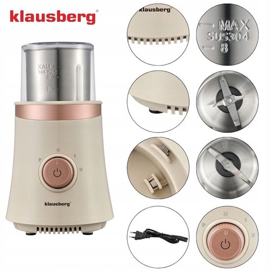 KLAUSBERG KB-7993 Elektrische 2-in-1 Koffie- en Kruidenmolen – 200W – RVS Bekers – Droog & Nat Malen – 3 Snelheden – 80g Capaciteit – beige/Koper