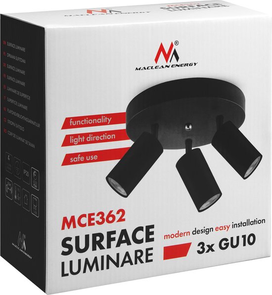 Maclean MCE362 B - Plafondlamp - 3x GU10 - Matzwart - Aluminium