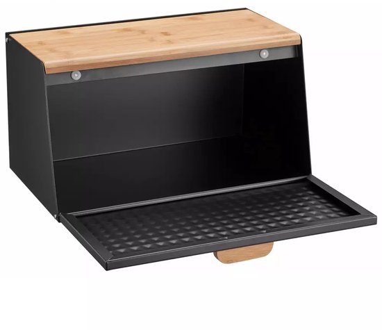 Broodbak van Staal en Bamboe - Zwart - 35,5 x 17(21,5) x 20 cm - Hygienisch en Ecologisch - Broodtrommel - Brooddoos