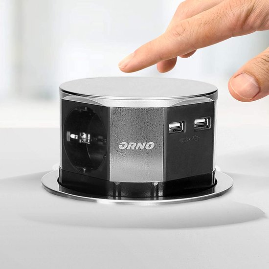 INOX Pop-up Bureau stekkerdoos - 3x stopcontact - 2x USB laadpoort - Randaarde - RVS afwerking