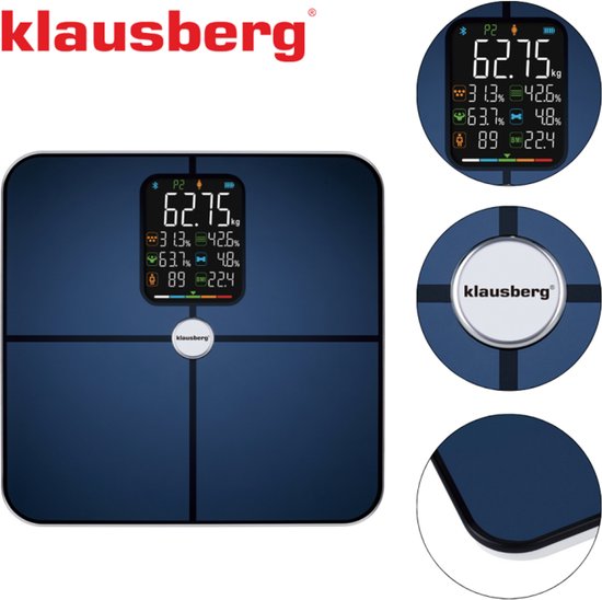 Klausberg KB-7940 Slimme Personenweegschaal – BIA Lichaamsanalyse – Bluetooth App – 180 kg – Donkerblauw – Vet%, Spiermassa, Hydratatie, BMI