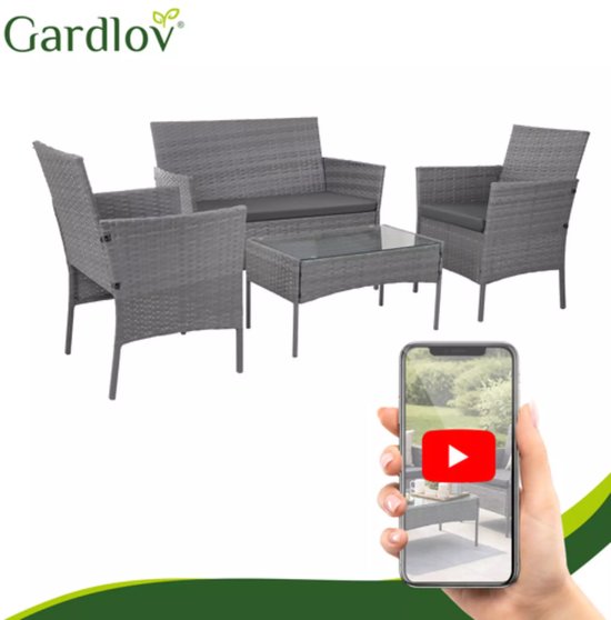 Gardlov Donkergrijze rattan tuinmeubelset met tweezitsbank, 2 stoelen en tafel met glazen blad