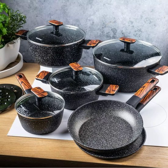 Klausberg 7831 - 12-delige Marmeren Pannenset in Zwart en bruin - Compleet en Functioneel Kookgerei met Glazen Deksels