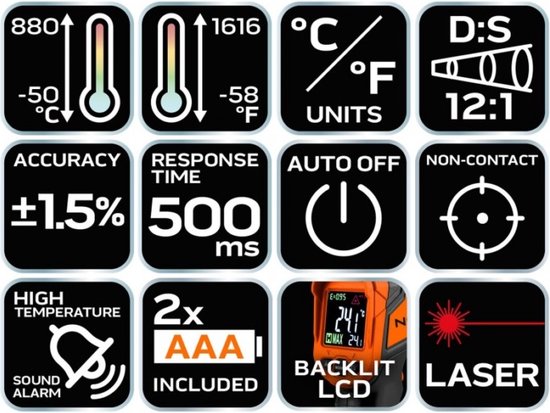 Neo-Tools Pyrometer voor temperatuur -50°C tot 880°C