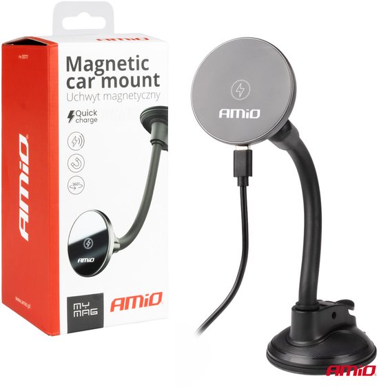 AMiO Magnetische Telefoonhouder met 15W Qi Draadloze Oplader en MagSafe - Verstelbare Arm en Zuignap Zwart