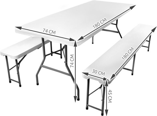 Malatec campingtafel en 2 banken inklapbaar 180 cm lichtgrijs - opvouwbaar - picknicktafel - handig voor in de camper of caravan - complete set - cateringset