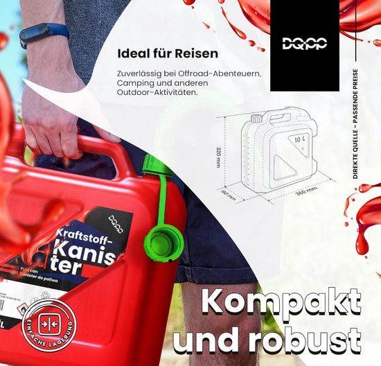 Jerrycan Kunststof rood 10 Liter-L36 x B15 x H34 cm - geschikt voor gevaarlijke vloeistoffen
