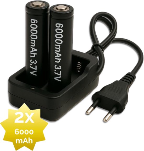 2x 6000mAh 18650 3,7V Li-Ion - 18 x 65 mm Cilindrisch - Oplaadbare CR18650 Batterijen met Netstroom Oplader - Universele Lithium-Ion Batterijen met 230V Lader