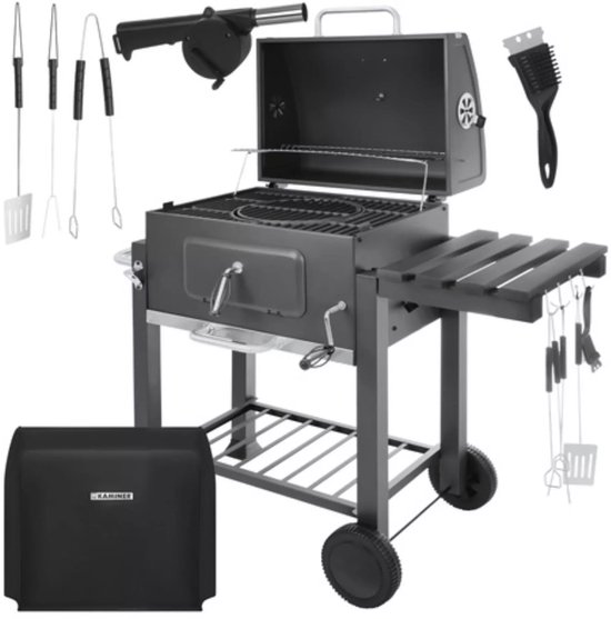 Kaminer Zwarte houtskool barbecue 116 x 70 x 110 cm met thermometer en zijtafel