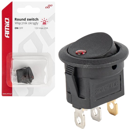 AMIO 03961 - Ronde Druk-/Tuimelschakelaar - 12V 20A - ON/OFF - Rood LED Verlichting