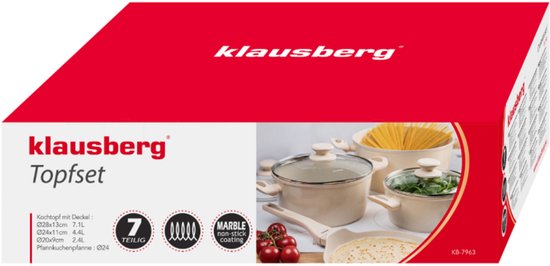 Klausberg KB-7963 Pannenset 7 Delig Beige | Marmer Anti-aanbaklaag | Inclusief Koekenpan 24 cm | Geschikt voor Inductie