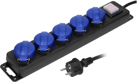 Orno Vrijstaande Stekkerdoos voor buiten - Verlengsnoer met Aan/uit knop - 5 stopcontacten - kabellengte 5 meter - IP44 - Zwart/blauw