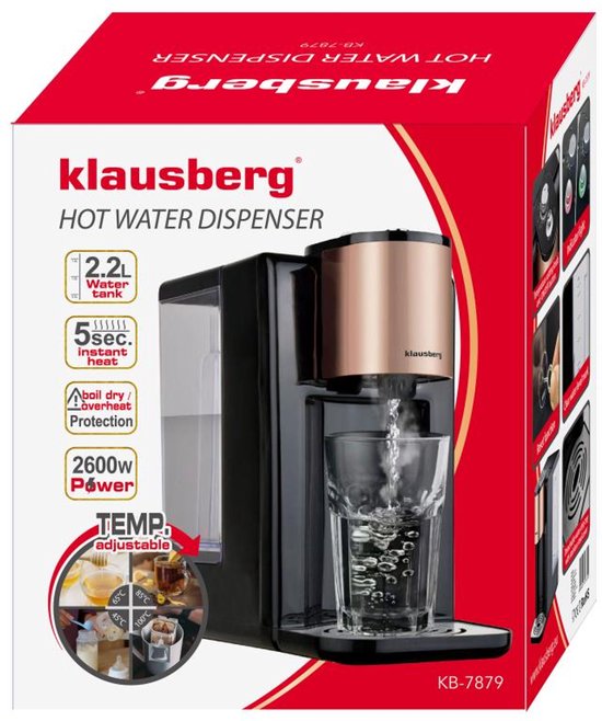 Klausberg KB7879 Hot Water Dispenser – 2,2 Liter – Temperatuurregeling (45-100°C) – Zwart & Rose Gold – 2600W - Heetwaterdispenser