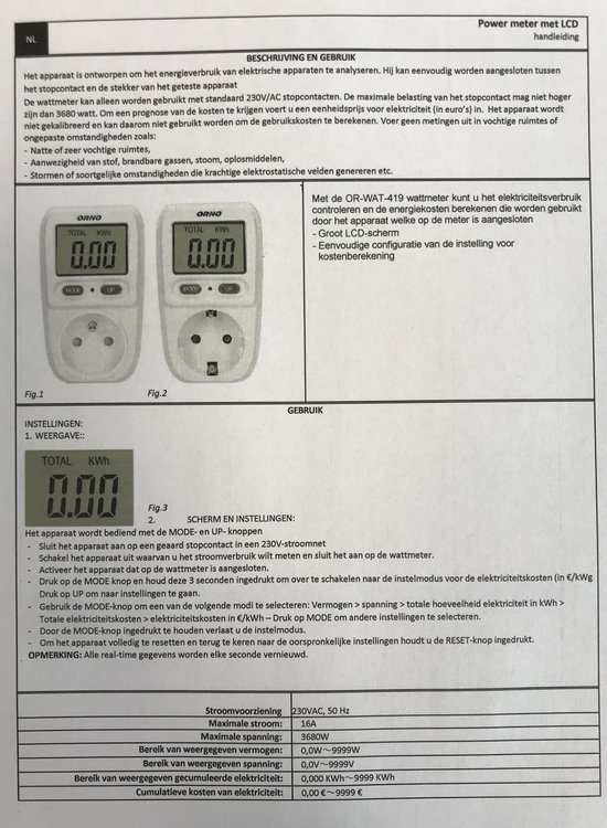 kWh - energiekosten meter voor stopcontact met Digitale LCD scherm