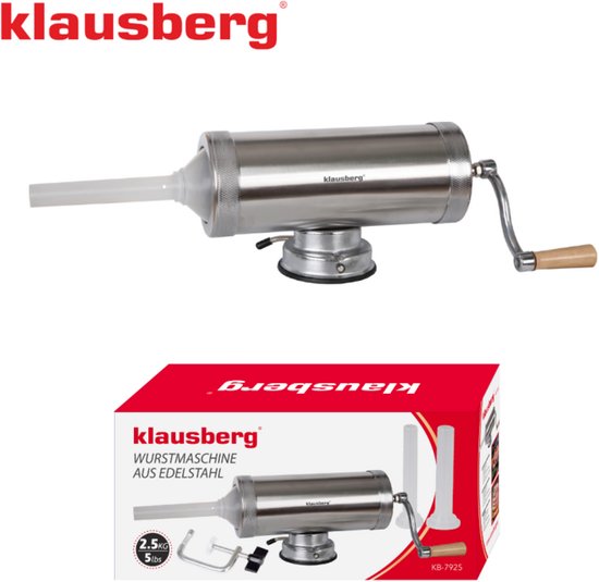 Klausberg Worstvuller Horizontal - Vleesvuller - 2,5 kg Capaciteit - RVS - Met Zuignap en 3 Spuitmonden - KB-7925