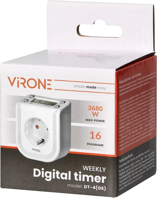 Virone Elektronische Timer Stopcontact – Programmeerbaar tot 7 Dagen – Tijdschakelaar 3680W – Wit