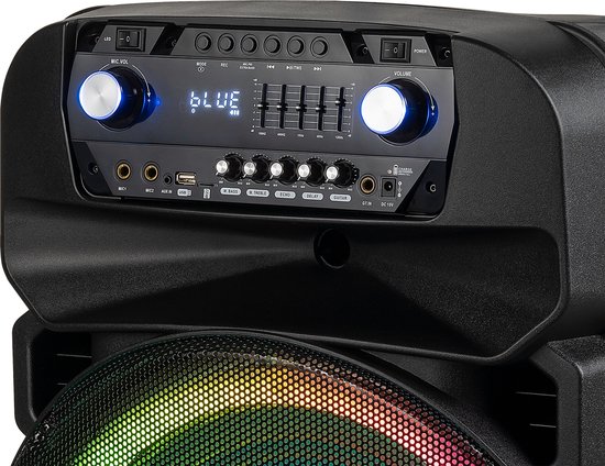 Krüger & Matz KM1718 Mobiele Actieve Luidspreker Party Speaker Box LED ring (met 2 UHF draadloze microfoons, SD, Bluetooth 5.0 , FM, USB) 60 Watt zwart