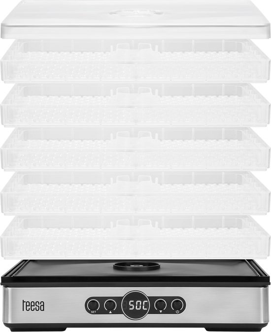 Teesa Voedsel Dehydrator 400W – 5 Transparante Droogrekken voor Paddenstoelen, Groenten & Fruit – Digitale Display met Thermostaat & Timer – Warme Lucht Circulatie – Efficiënte Voedsel Droger voor Thuis