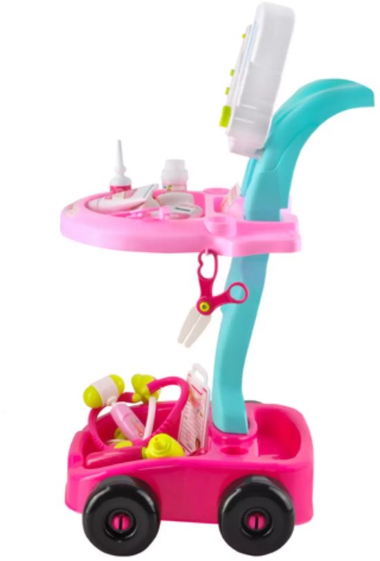 Ruhhy doktersset roze trolley 18-delig – educatief kinderspeelgoed met licht- en geluidseffecten, medische accessoires en wieltjes