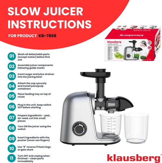 Klausberg KB-7868 Slow Juicer – 150W | Cold Press | Groenten en Fruitpers – Met Pulpreservoir | Grijs | Stille Horizontale Juicer met 7-Traps Perssysteem