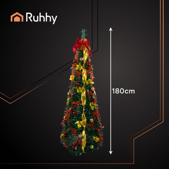 Ruhhy Kant en klare opvouwbare kerstboom 180 cm – met gouden linten en rode kerstballen