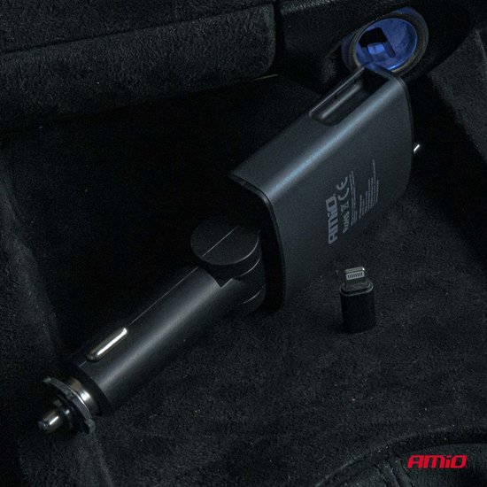 AMiO Car FM Transmitter – Bluetooth – USB-A en USB-C – Ingebouwde Uittrekbare USB-C Kabel – 12V/24V – Handsfree en Snelladen