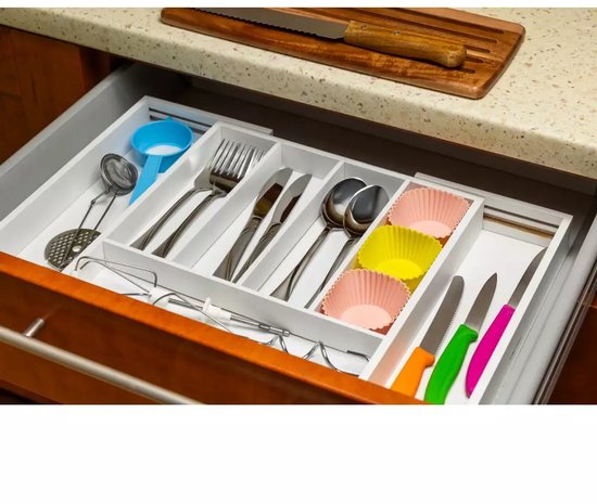 Kinghoff Bamboe Lade-organizer Wit - Uitschuifbaar (31-52 cm) - 7 Opbergvakken - Besteklade Opbergdoos - Natuurlijk Bamboe - Bestekla Organizer