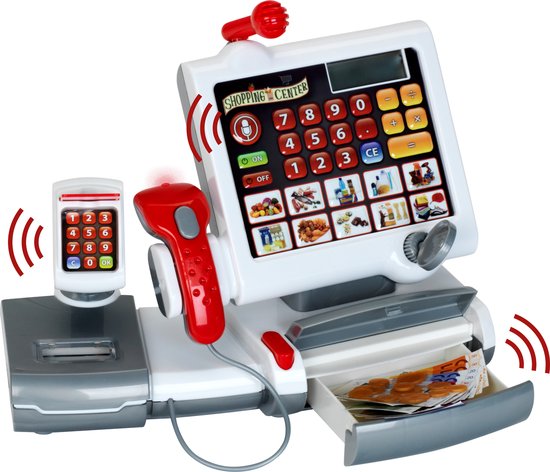 Klein Toys elektronische kassa - touchpad, scanner, weegschaal en rekenmachinefunctie - 31x15,5x23 cm - incl. speelgeld, uitschuifbare geldla, licht- en geluidseffecten - grijs