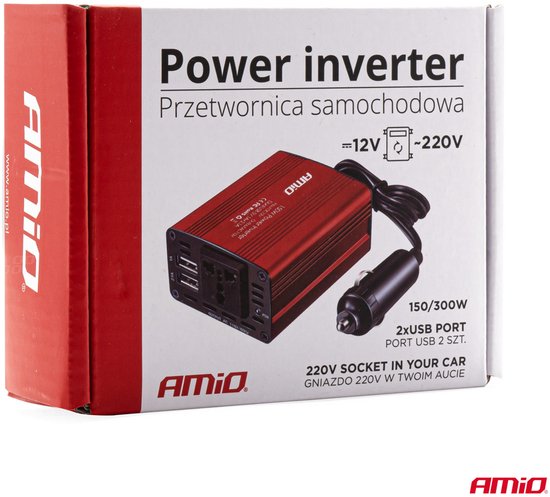AMiO Stroom Omvormer 12V/230V Sigarettenplug naar Stopcontact Rood (2 x USB) 150W/300W