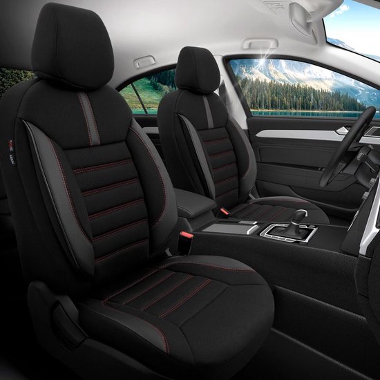 Universele Stoffen/Leder Stoelhoezenset 'Limited' Zwart + Rode stiksels - 11-delig - geschikt voor Side-Airbags