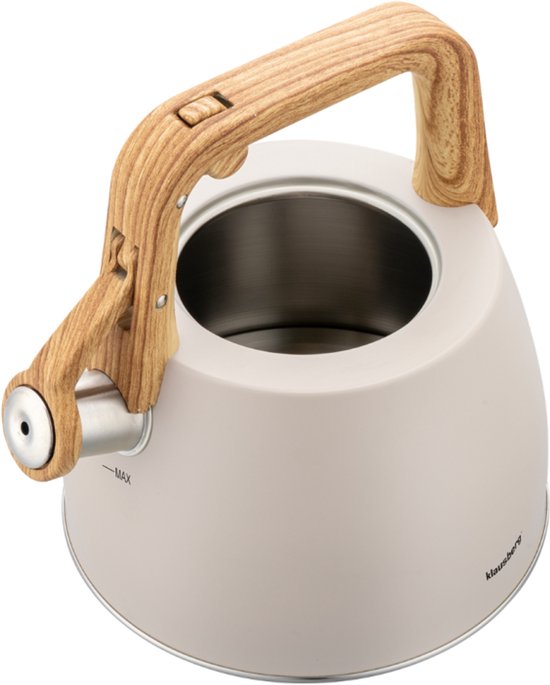 Klausberg 7917 - Fluitketel met fluit - 2.5 liter - RVS - beige - houten handvat