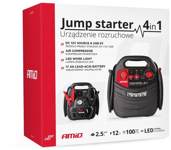 AMiO Jump Starter 12V 17Ah 900A 4in1 – Multifunctioneel Auto Accu Starter, Powerbank en Compressor JS01 Noodsituatie