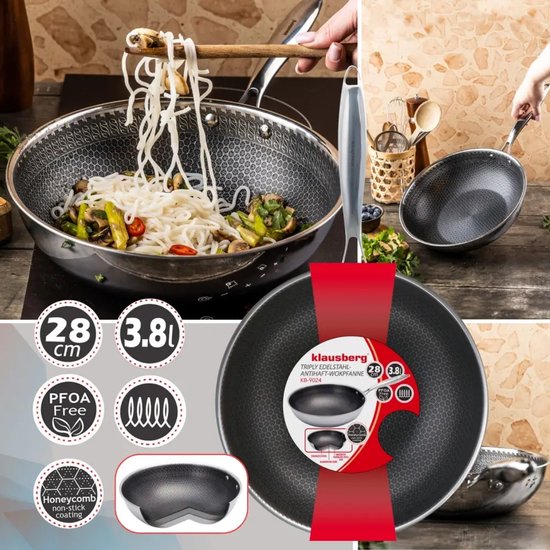 Klausberg 9024 - Wokpan, antiaanbaklaag met honingraatstructuur - 28 cm - 3-laags - 304 roestvrij staal - PFOA-vrij