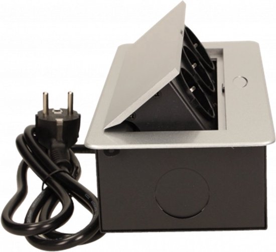 Pop up Stekkerdoos met 2 stopcontacten en USB-A & C - Inbouw Verdeelstekker met RVS afwerking - Stekkerblok met 1.5 meter kabel - Verdeeldoos voor max. 3680 Watt - Zilver