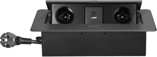Bureau stekkerdoos met USB A&C - Pop up stekkerblok met 2 stopcontacten- Inbouw Verdeelstekker met RVS afwerking - Verdeeldoos met 1.5 meter kabel - voor max. 3680 Watt - Penaarde - Antraciet
