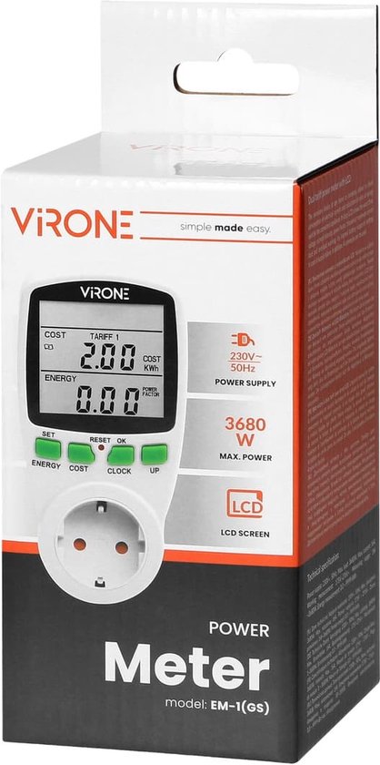 Energiemeter Verbruiksmeter elektriciteit max. 3680 Watt - Verbruiksmeter met LCD-display - Kwh meter voor in stopcontact Schuko - Stroomverbruik meter voor thuis - Energiekostenmeter met tijd - Wit
