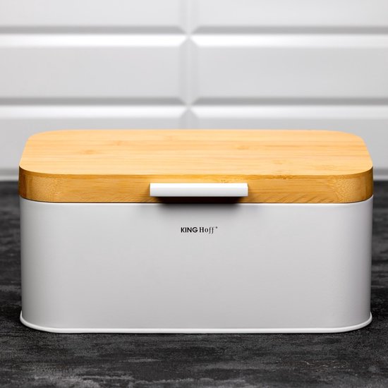 KINGHOFF - Broodtrommel - Brooddoos - Compacte Broodbox met Deksel - Brood Bewaarbox Keuken - Moderne Broodtrommel - Staal - 30 x 20 cm - Wit
