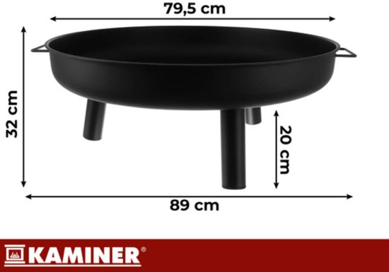 Kaminer Ronde vuurschaal 80 cm zwart met 3 poten en handgrepen voor tuin of terras